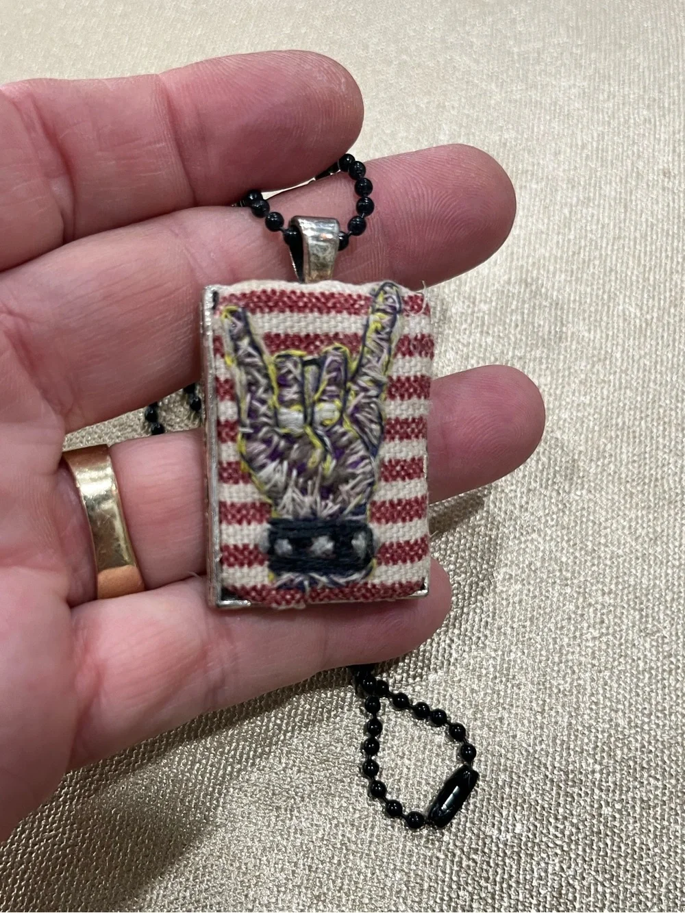 Hail Satan Hook em hand embroidered pendant and necklace